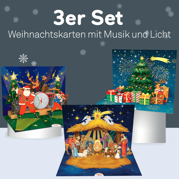 3er Set Pop-Up Weihnachtskarten mit Musik & Licht