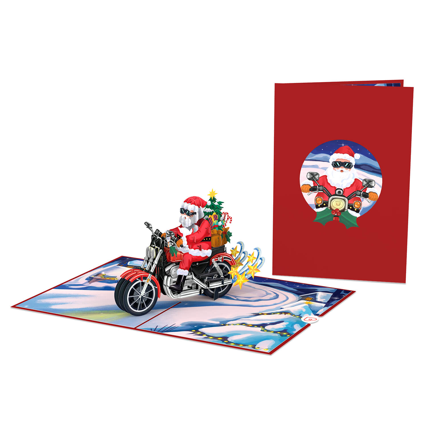 Weihnachtsmann auf Motorrad Pop-Up Karte