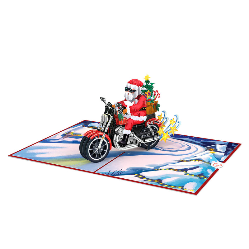Weihnachtsmann auf Motorrad Pop-Up Karte