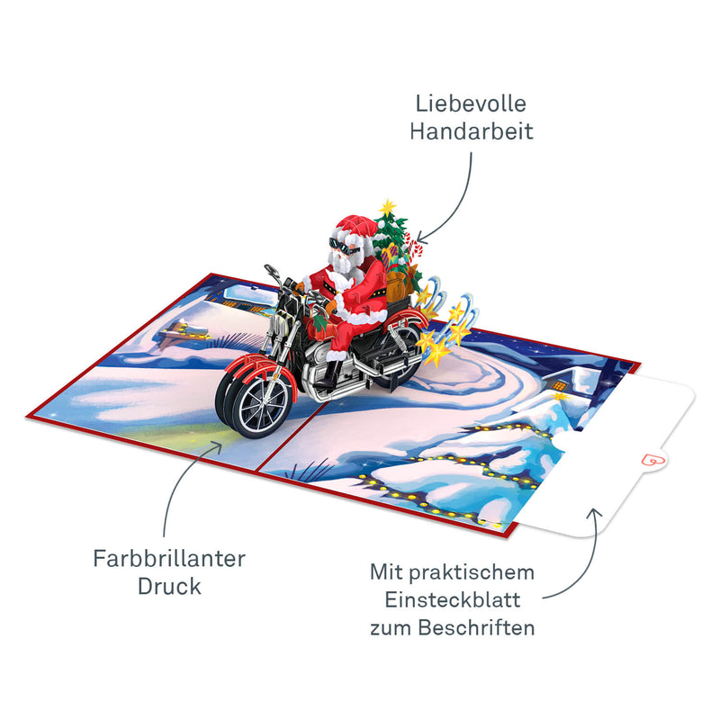 Weihnachtsmann auf Motorrad Pop-Up Karte