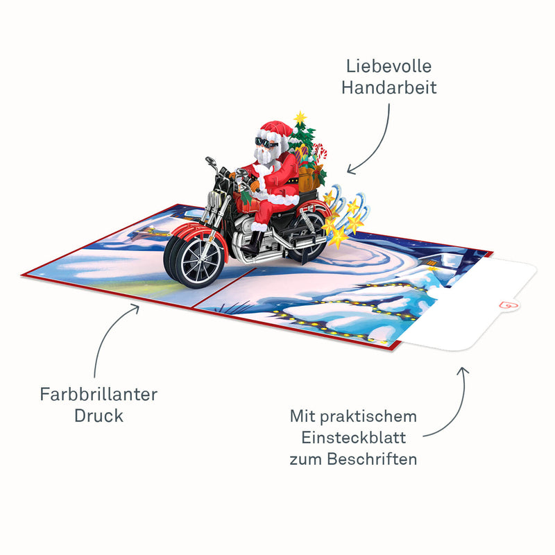 Carte pop-up Père Noël sur une moto