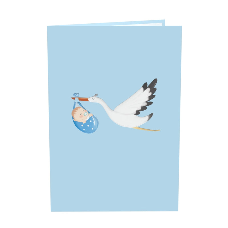 Carte pop-up cigogne et bébé (bleue)