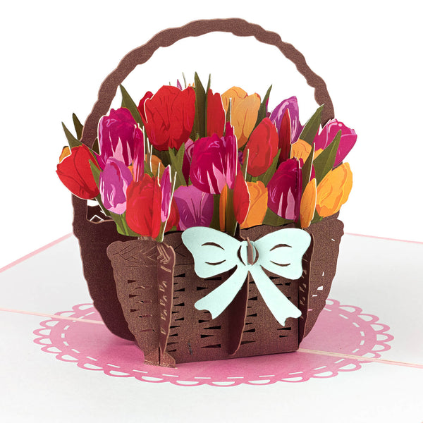 Carte pop-up panier de tulipes colorées