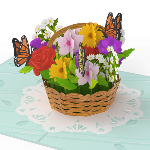 Carte pop-up Panier de fleurs avec papillons